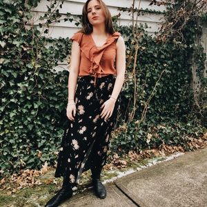 American Rag shirt and black floral maxi skirt